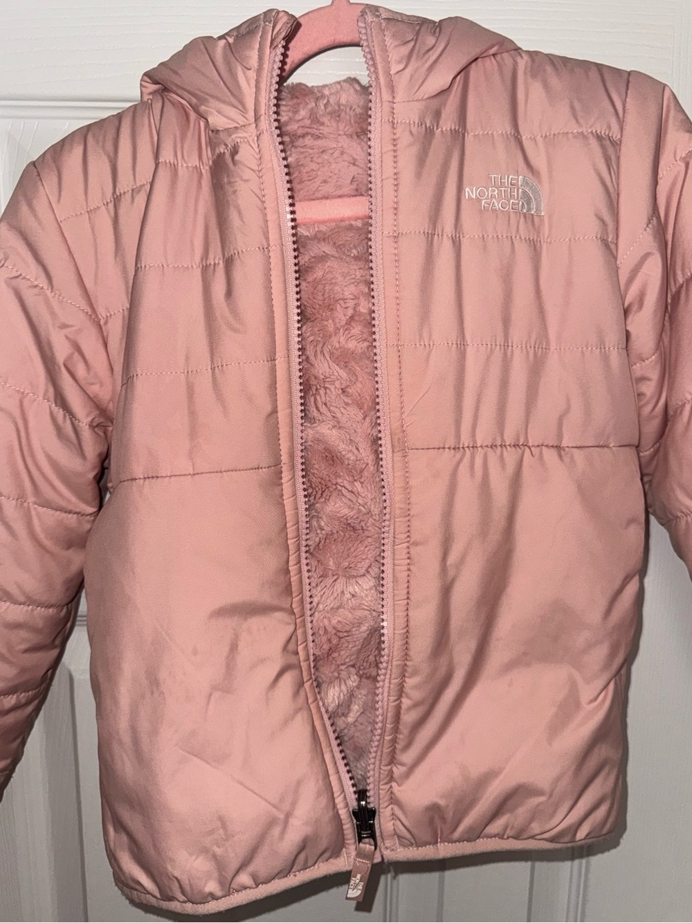 The North Face Reversible Girls Pink Hooded Puffer Jacket (Size 5)